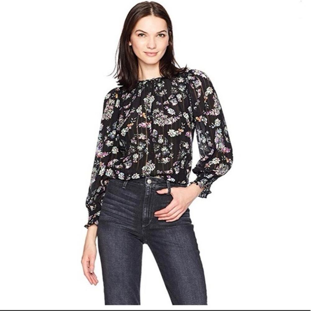 NEW Rebecca Taylor Jewel Top Womens 12 Black Floral Paisley Print Silk Blouse